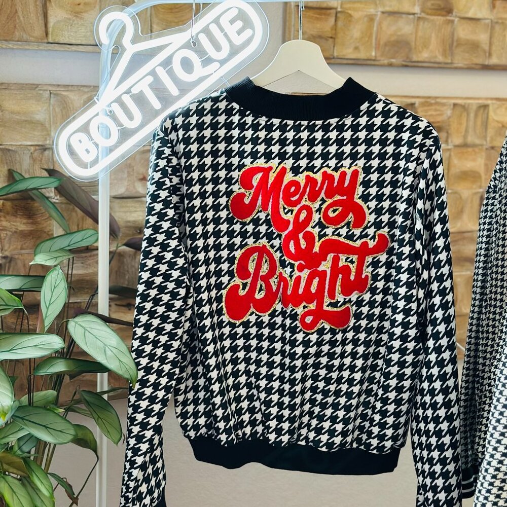 Merry & Bright Black & White Houndstooth Print Bomber Jacket